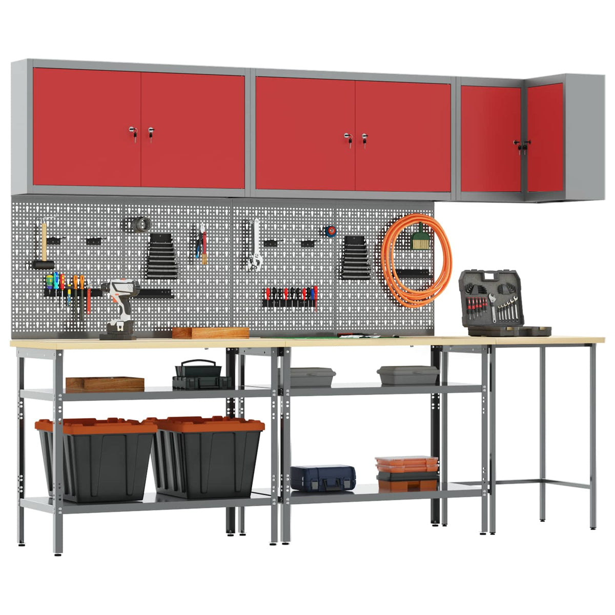 Arbeitsschrankset mit Regal mit Speicher 10 Stk. Rot und Grau