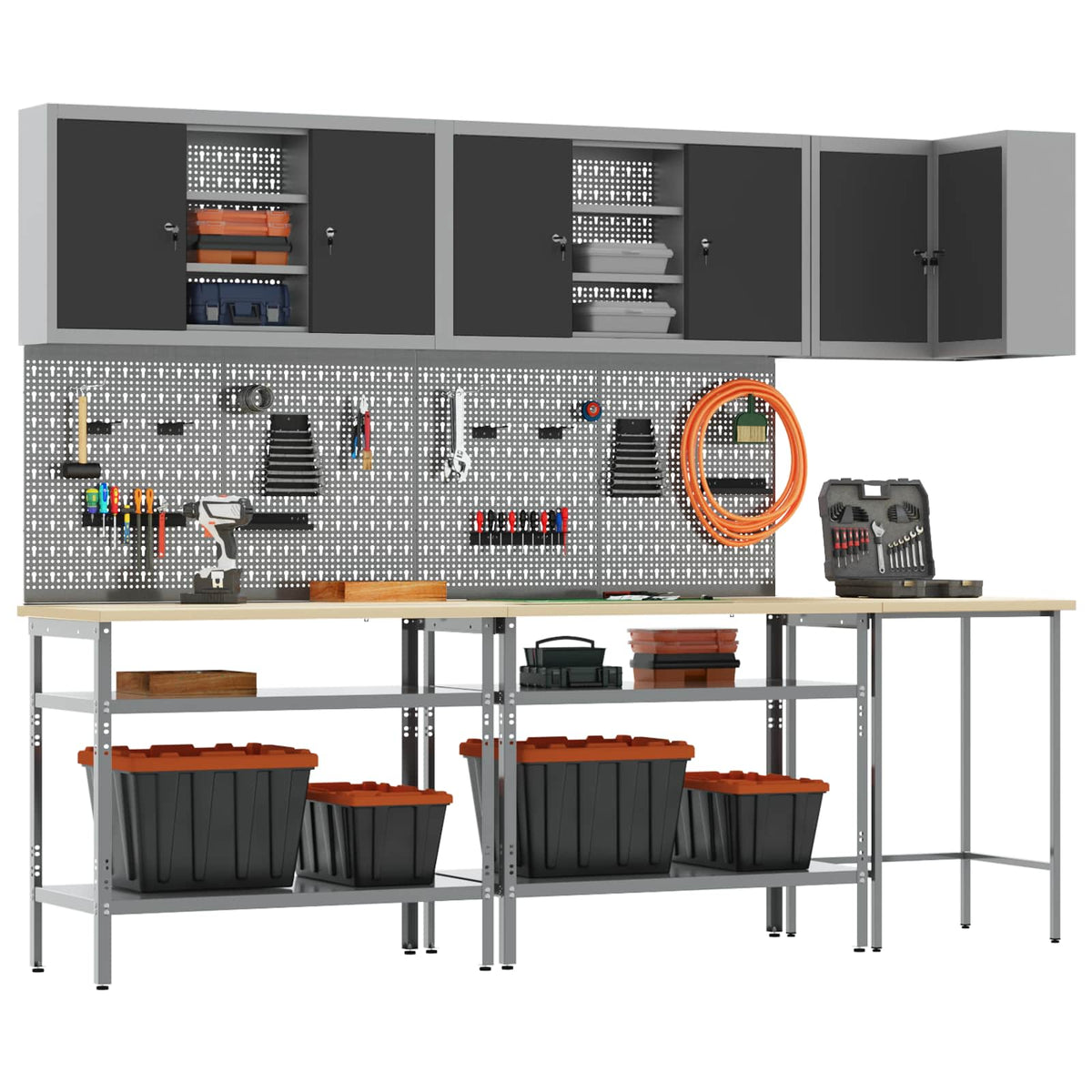 Arbeitsschrankset mit Regal 10 Stk. Schwarz und Grau