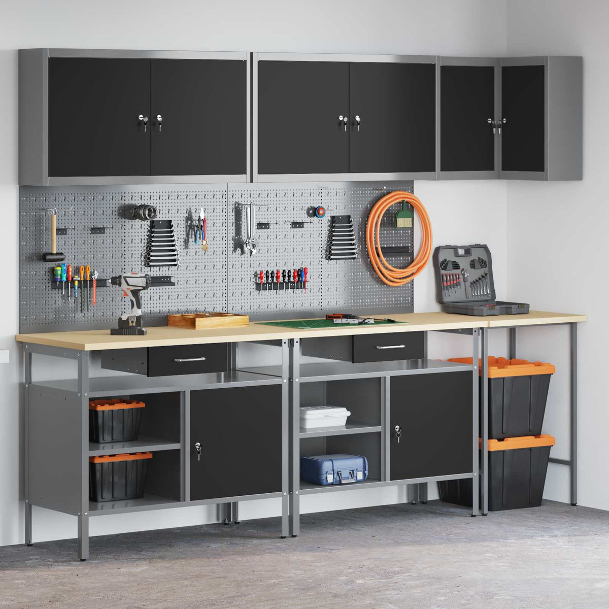 Arbeitsschrankset mit Schubladen 10 Stk. Schwarz und Grau