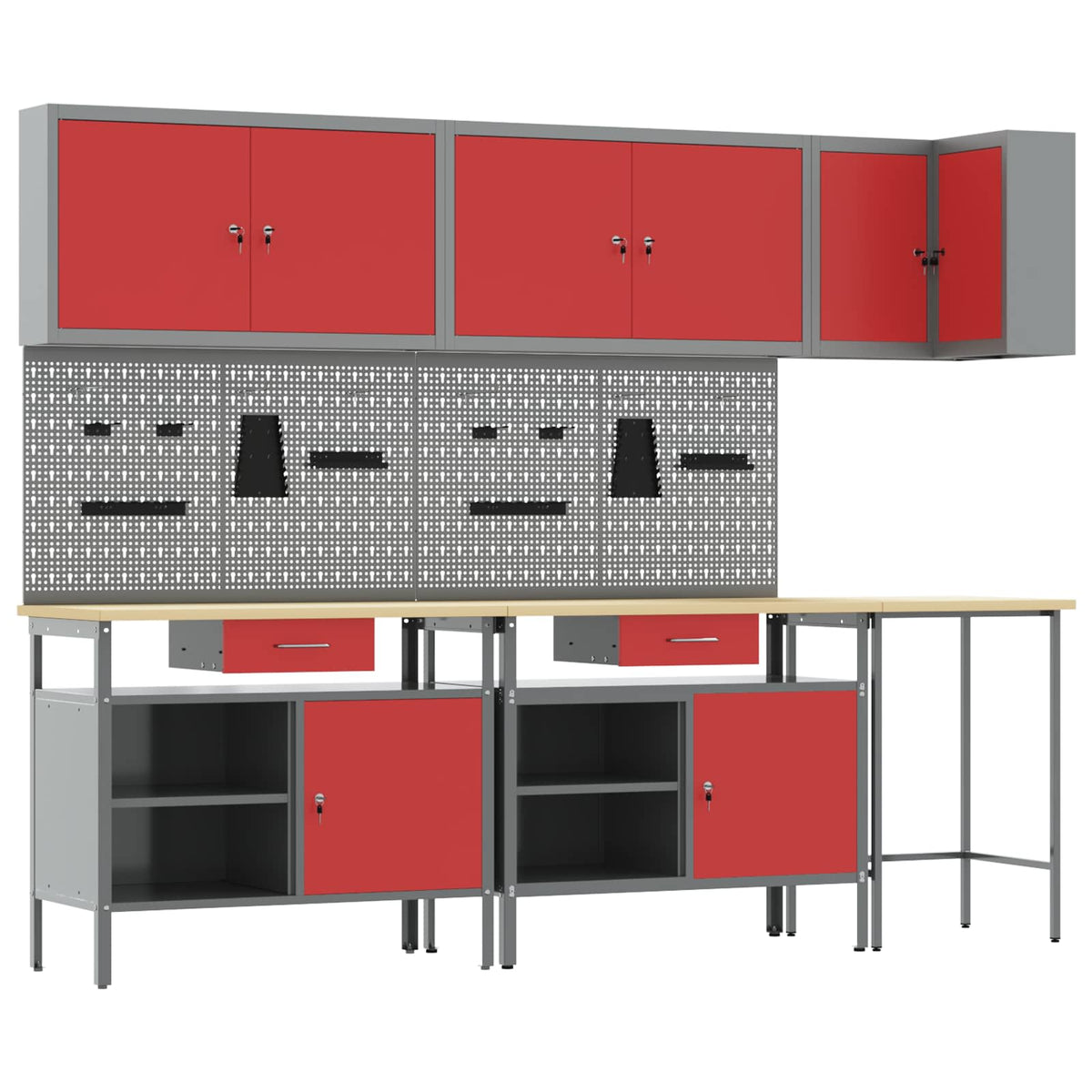 Arbeitsschrankset mit Schubladen mit Regal 10 Stk. Rot und Grau