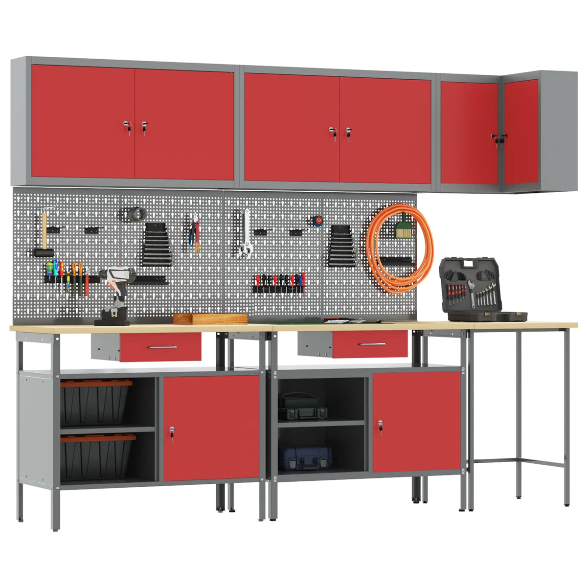 Arbeitsschrankset mit Schubladen mit Regal 10 Stk. Rot und Grau