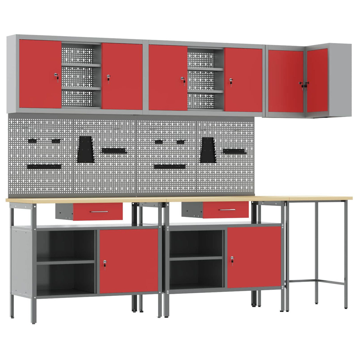 Arbeitsschrankset mit Schubladen mit Regal 10 Stk. Rot und Grau