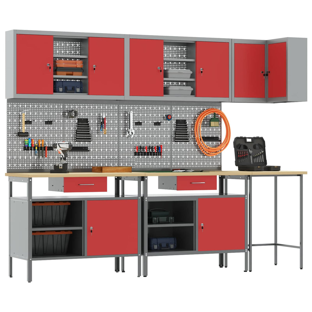 Arbeitsschrankset mit Schubladen mit Regal 10 Stk. Rot und Grau