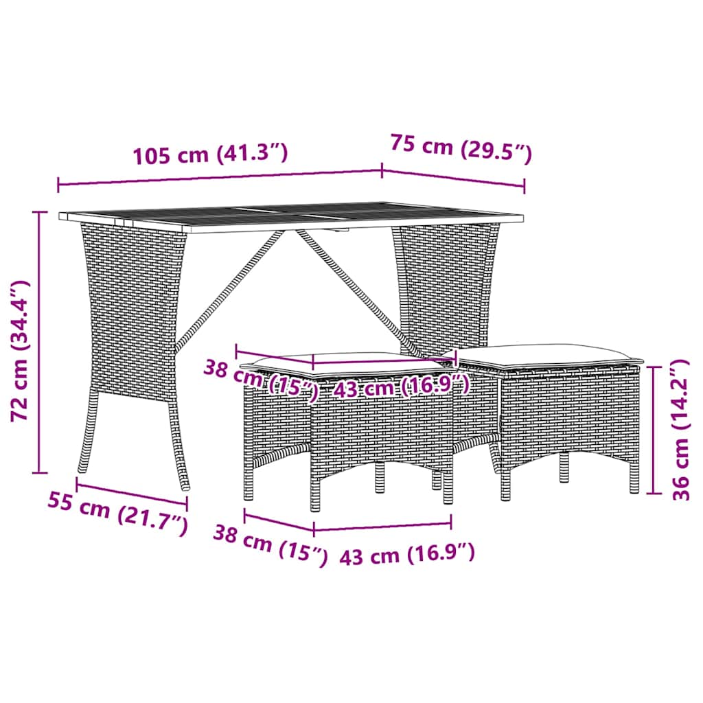3-tlg. Garten-Essgruppe mit Kissen Schwarz Poly Rattan
