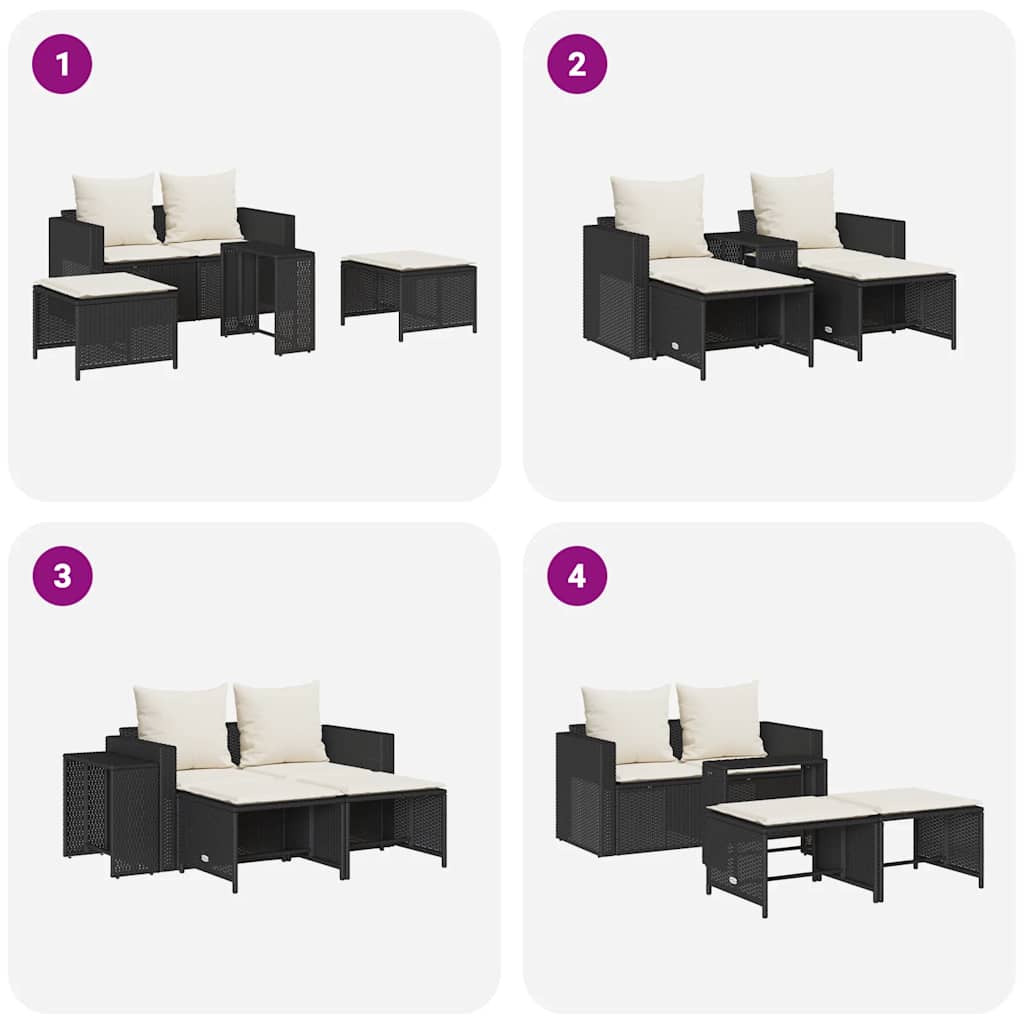 5-tlg. Garten-Sofagarnitur Kissen Stapelbar Schwarz Poly Rattan