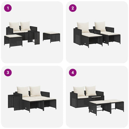 5-tlg. Garten-Sofagarnitur Kissen Stapelbar Schwarz Poly Rattan