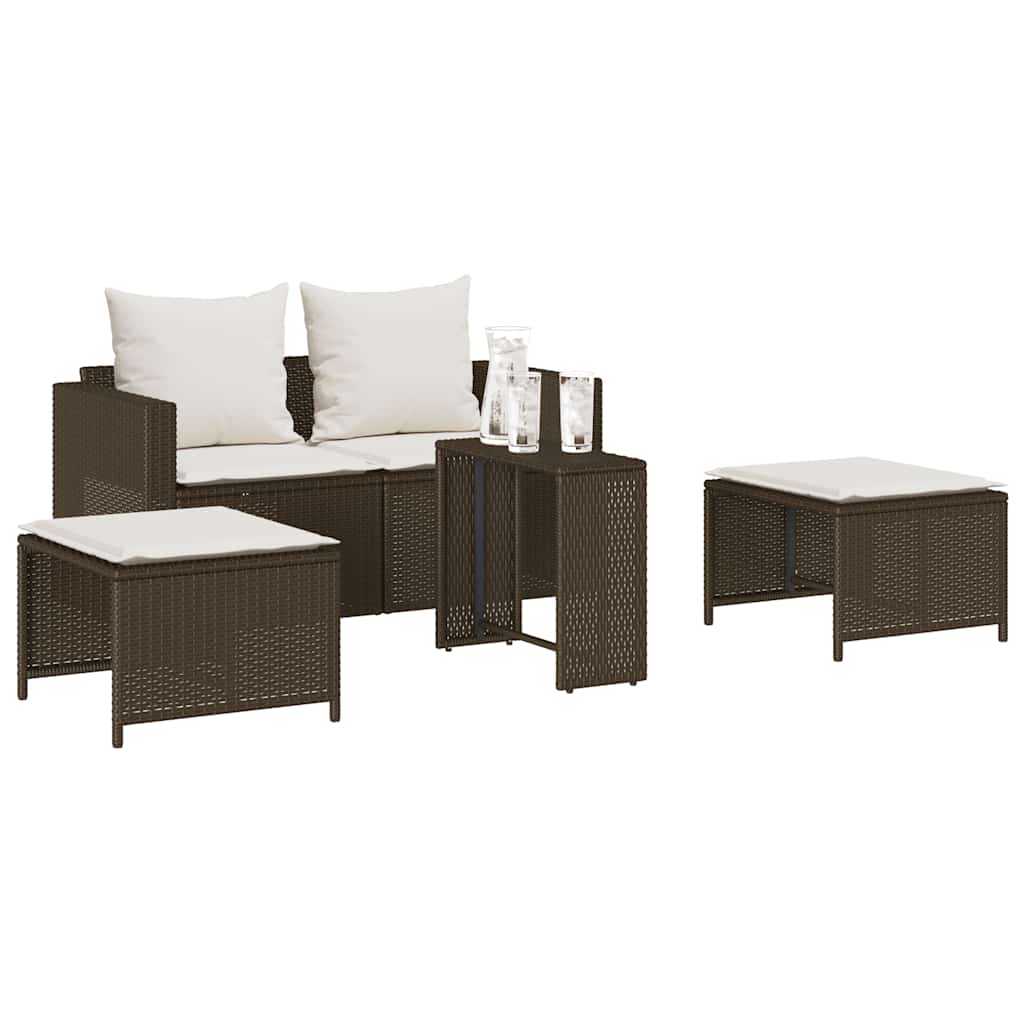 5-tlg. Garten-Sofagarnitur Kissen Stapelbar Braun Poly Rattan