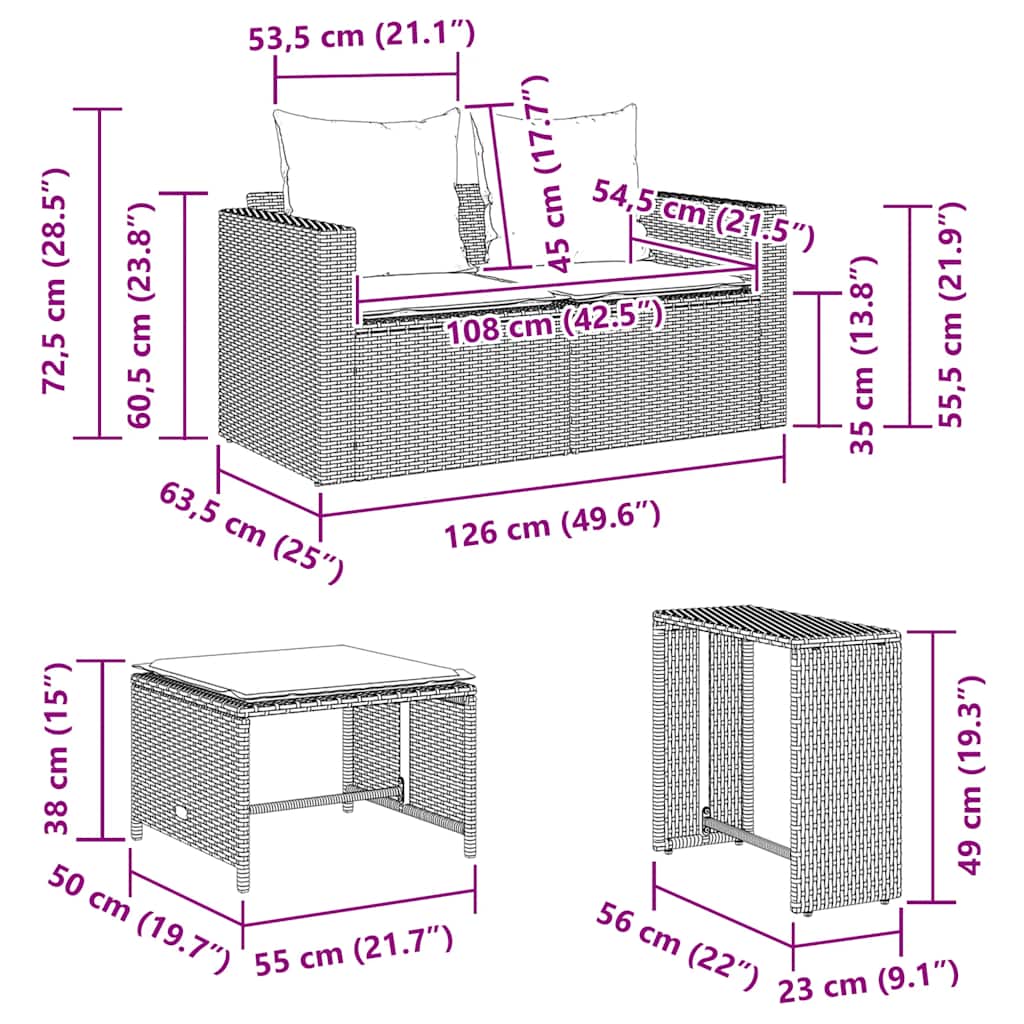 5-tlg. Garten-Sofagarnitur Kissen Stapelbar Grau Poly Rattan