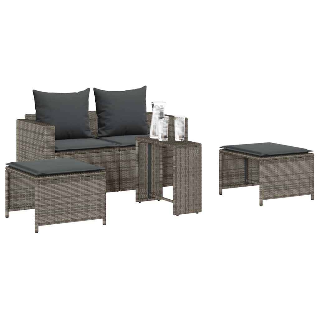 5-tlg. Garten-Sofagarnitur Kissen Stapelbar Grau Poly Rattan