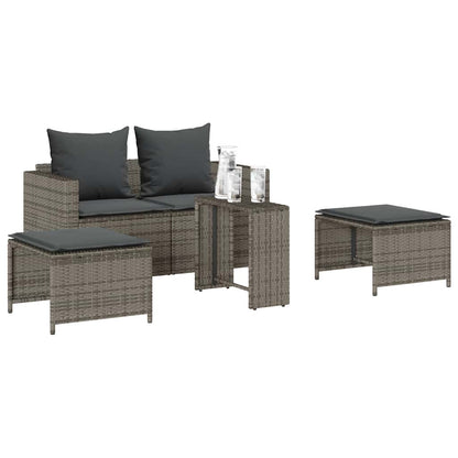 5-tlg. Garten-Sofagarnitur Kissen Stapelbar Grau Poly Rattan