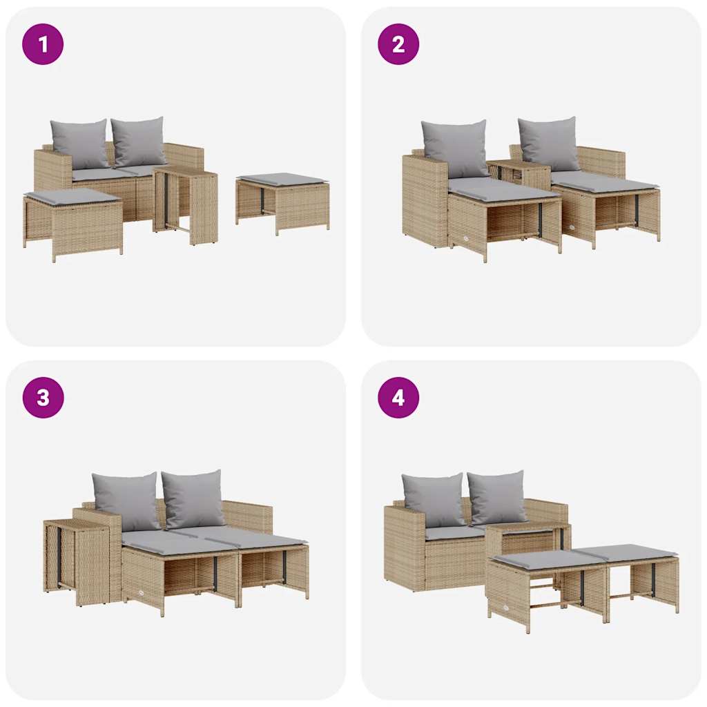 5-tlg. Garten-Sofagarnitur Kissen Stapelbar Beige Poly Rattan