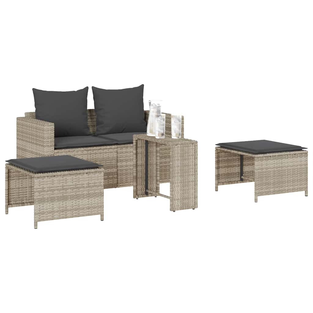 5tlg. Garten-Sofagarnitur Kissen Stapelbar Hellgrau Poly Rattan