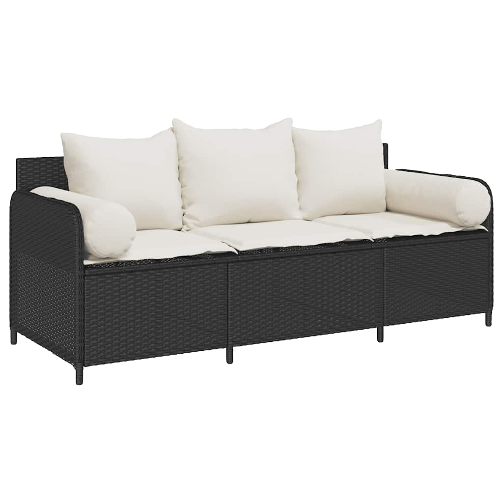 Gartensofa mit Kissen 3-Sitzer Schwarz Poly Rattan