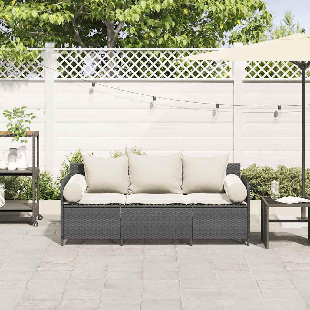 Gartensofa mit Kissen 3-Sitzer Schwarz Poly Rattan