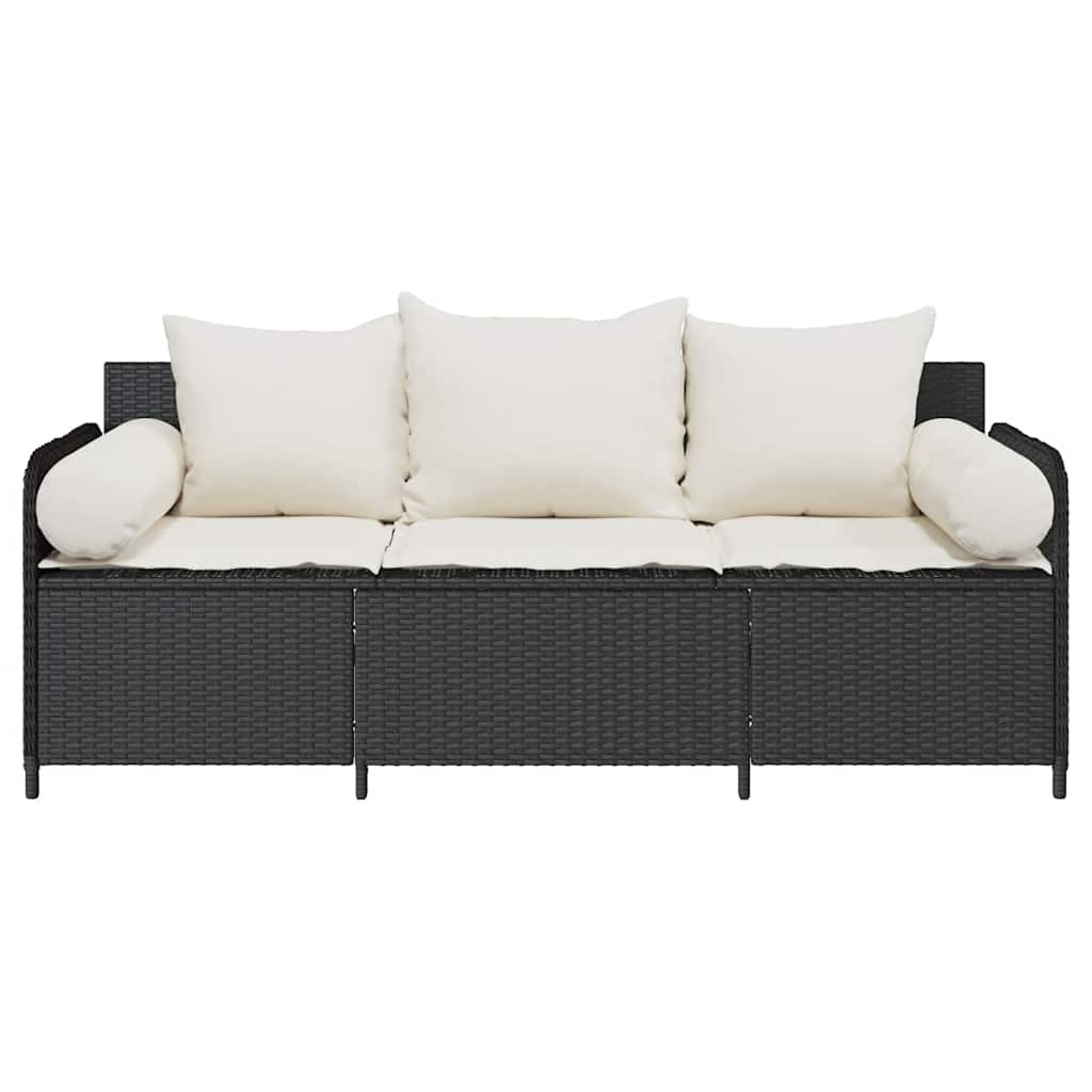 Gartensofa mit Kissen 3-Sitzer Schwarz Poly Rattan