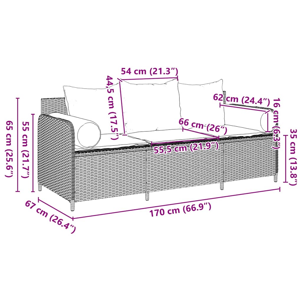 Gartensofa mit Kissen 3-Sitzer Schwarz Poly Rattan