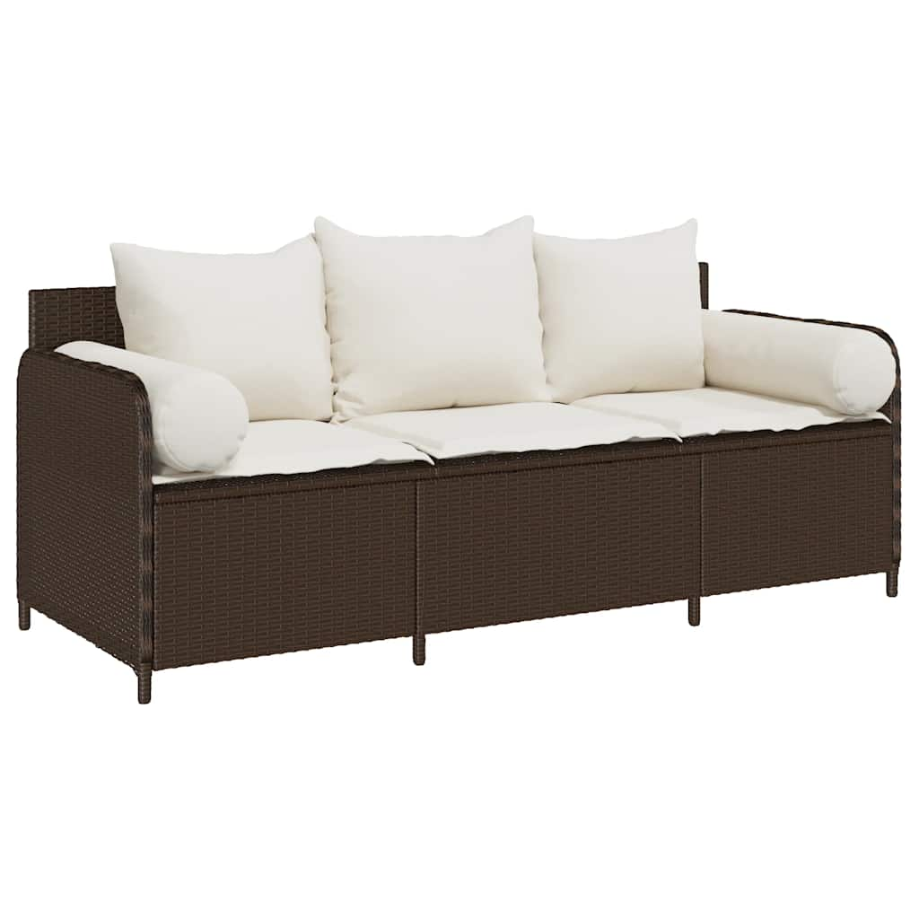 Gartensofa mit Kissen 3-Sitzer Braun Poly Rattan