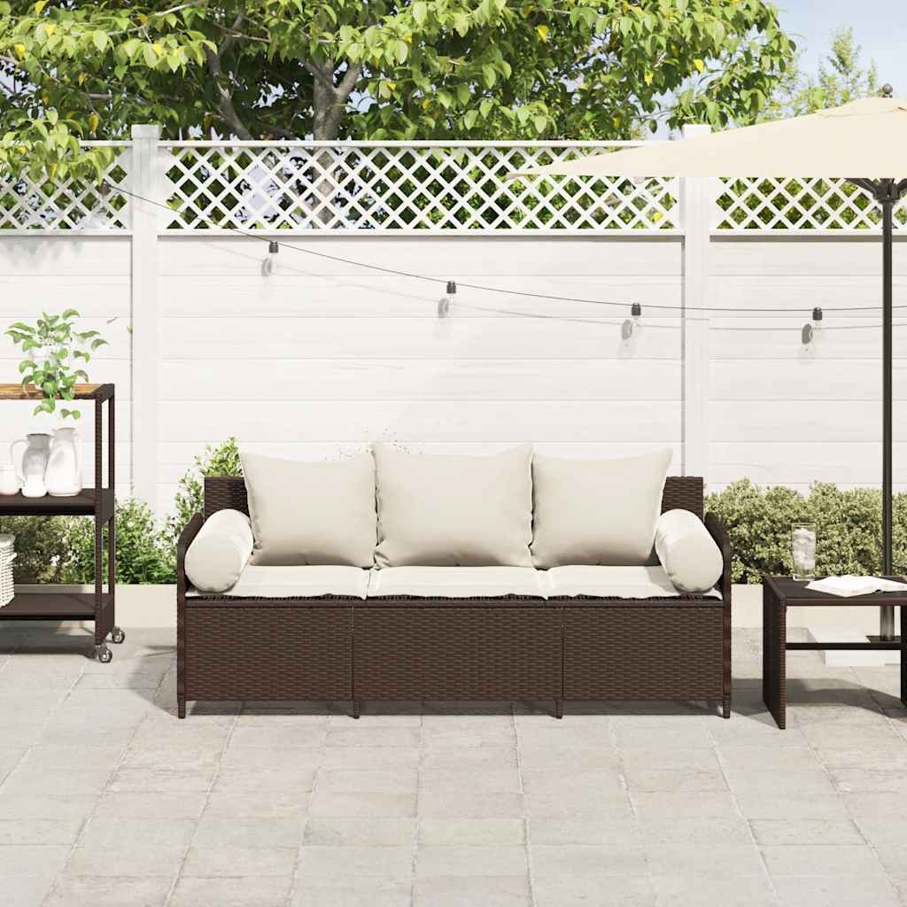 Gartensofa mit Kissen 3-Sitzer Braun Poly Rattan