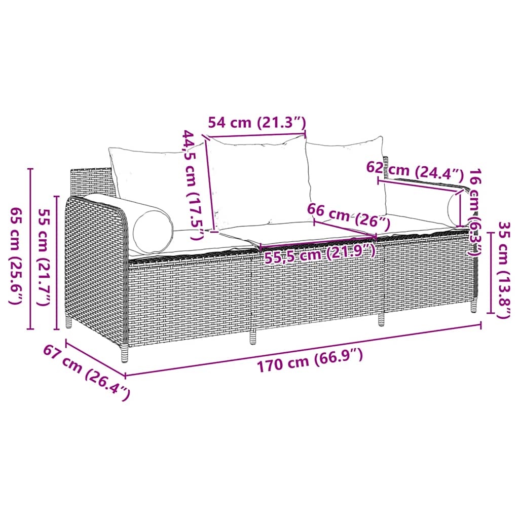 Gartensofa mit Kissen 3-Sitzer Braun Poly Rattan