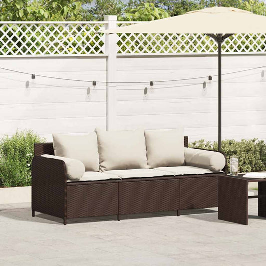 Gartensofa mit Kissen 3-Sitzer Braun Poly Rattan