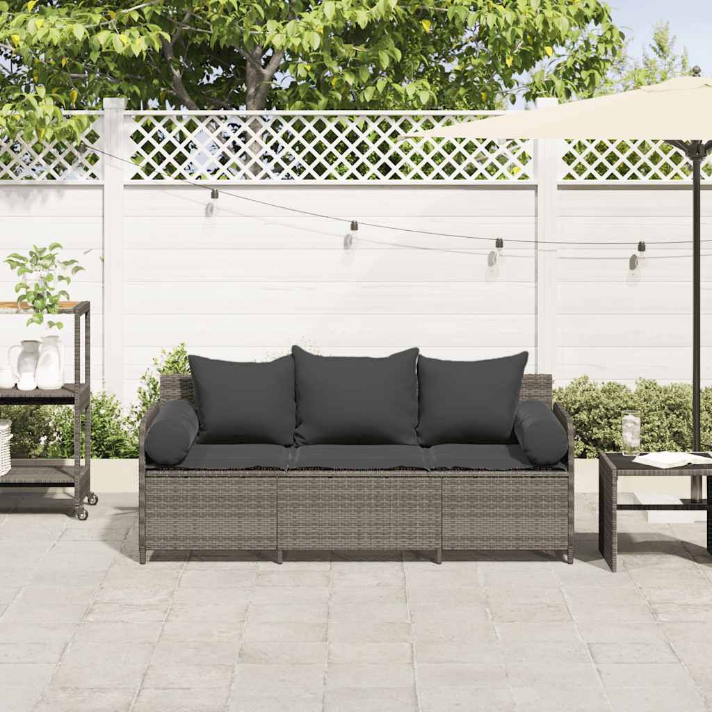 Gartensofa mit Kissen 3-Sitzer Grau Poly Rattan