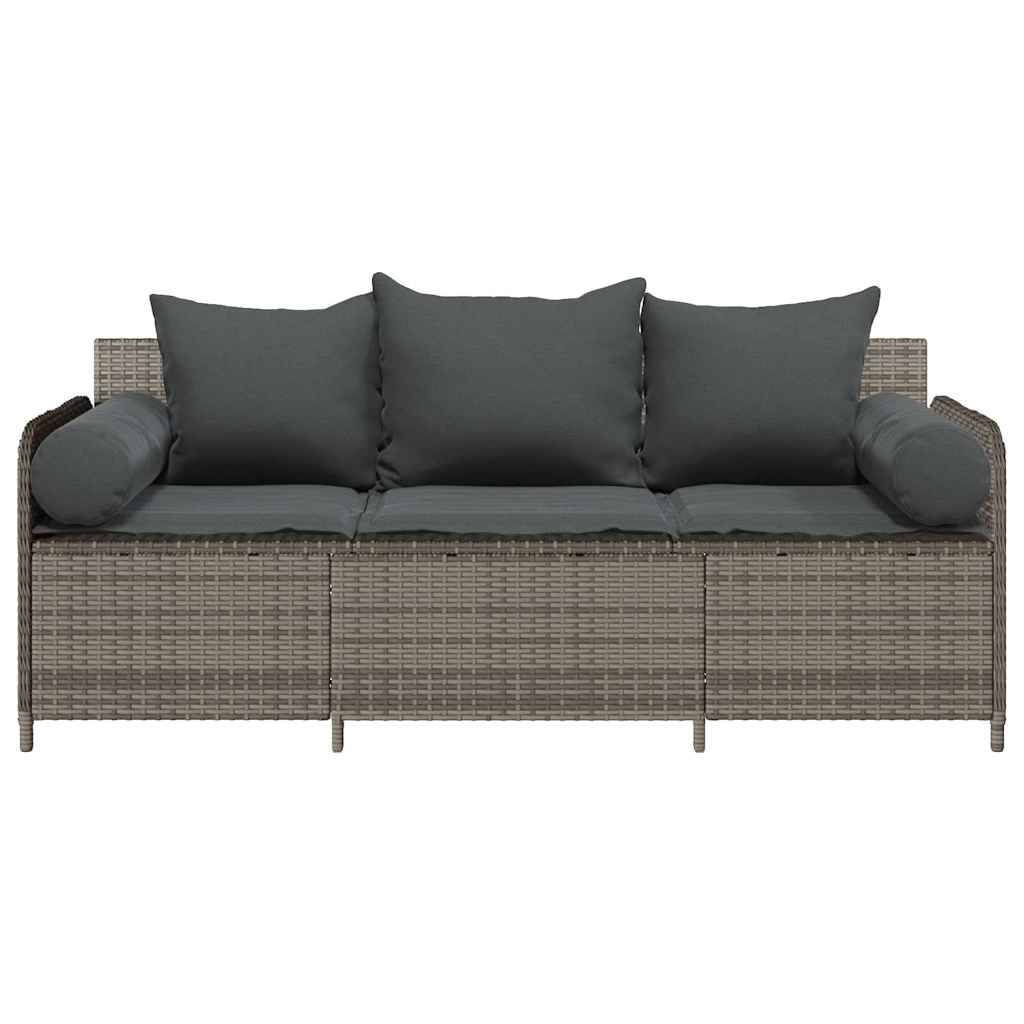 Gartensofa mit Kissen 3-Sitzer Grau Poly Rattan