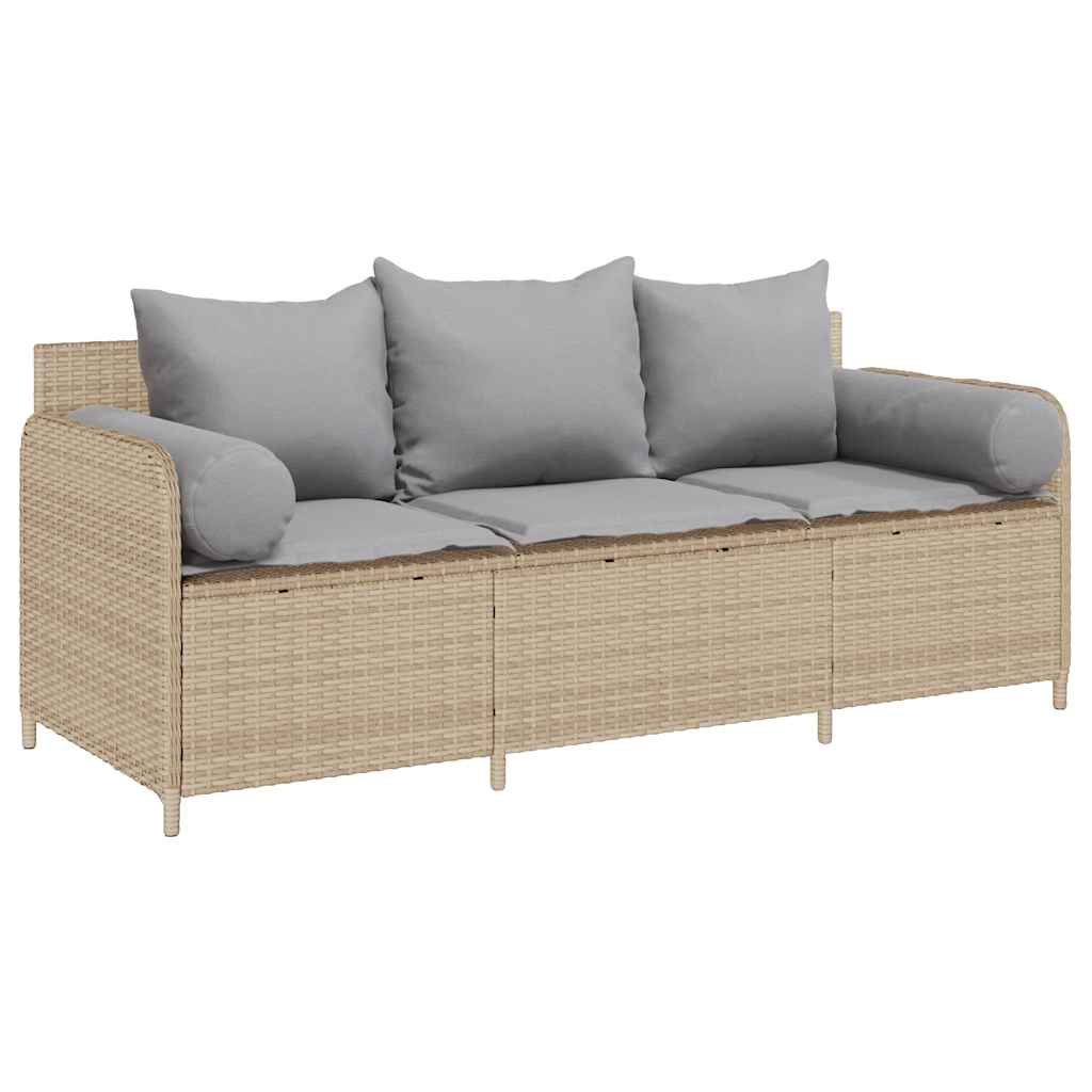 Gartensofa mit Kissen 3-Sitzer Beige Poly Rattan