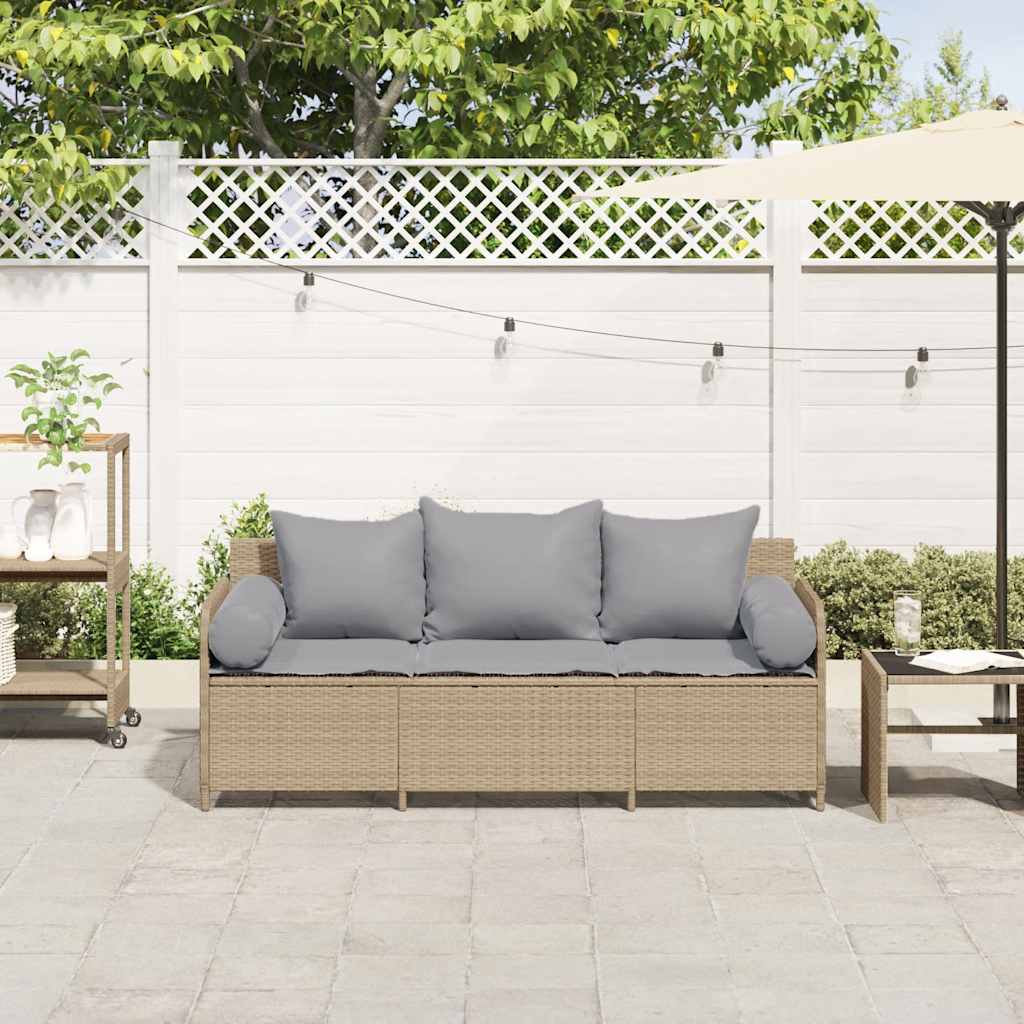 Gartensofa mit Kissen 3-Sitzer Beige Poly Rattan