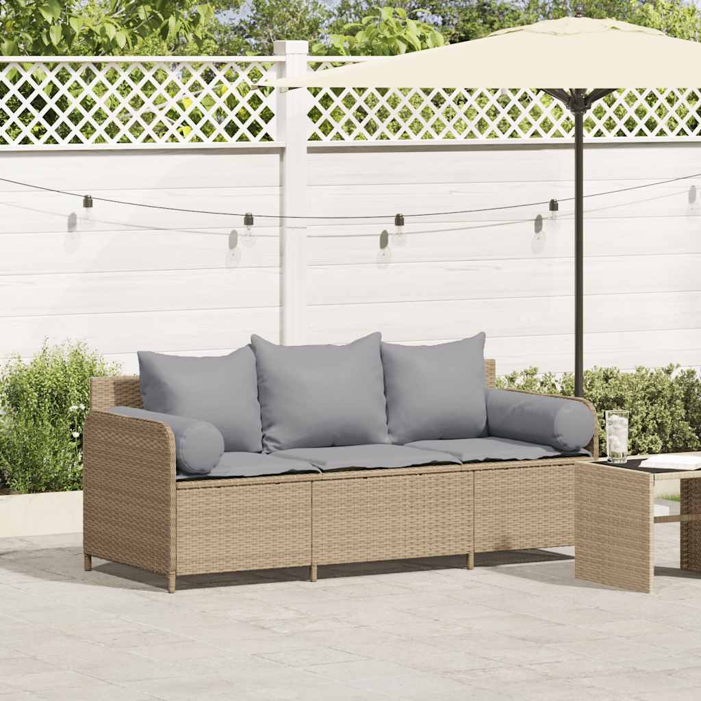 Gartensofa mit Kissen 3-Sitzer Beige Poly Rattan