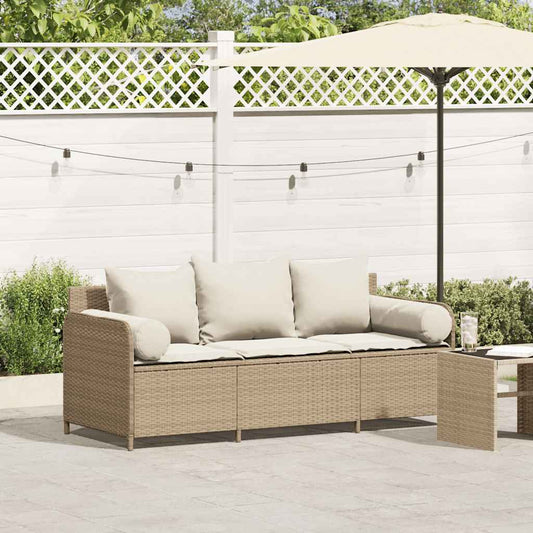 Gartensofa mit Kissen 3-Sitzer Beige Poly Rattan