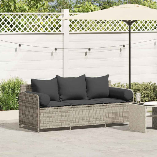 Gartensofa mit Kissen 3-Sitzer Hellgrau Poly Rattan