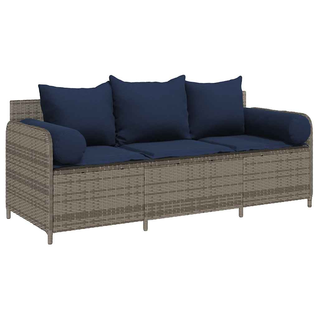 Gartensofa mit Kissen 3-Sitzer Grau Poly Rattan