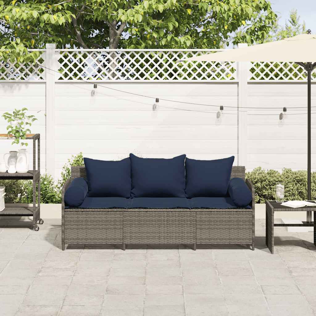 Gartensofa mit Kissen 3-Sitzer Grau Poly Rattan