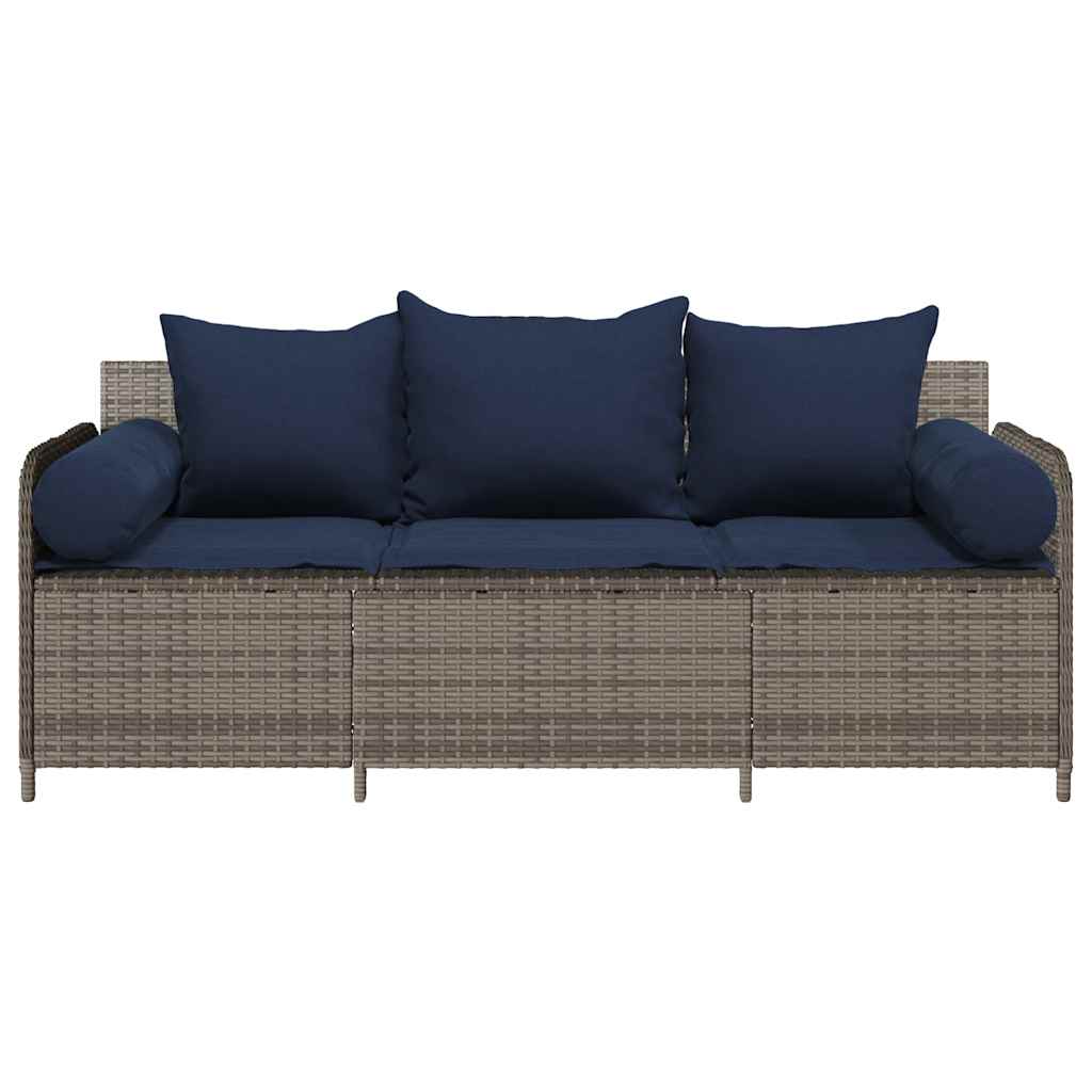 Gartensofa mit Kissen 3-Sitzer Grau Poly Rattan