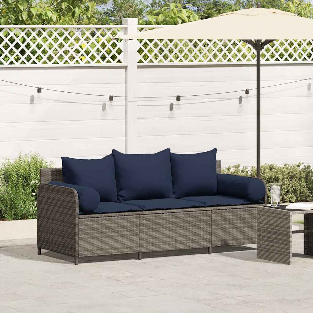 Gartensofa mit Kissen 3-Sitzer Grau Poly Rattan