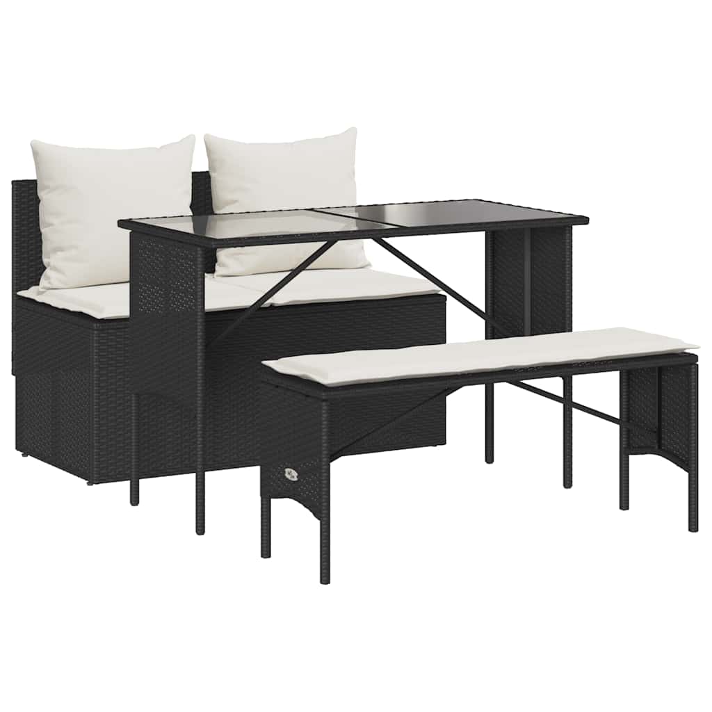 3-tlg. Garten-Essgruppe mit Kissen Schwarz Poly Rattan