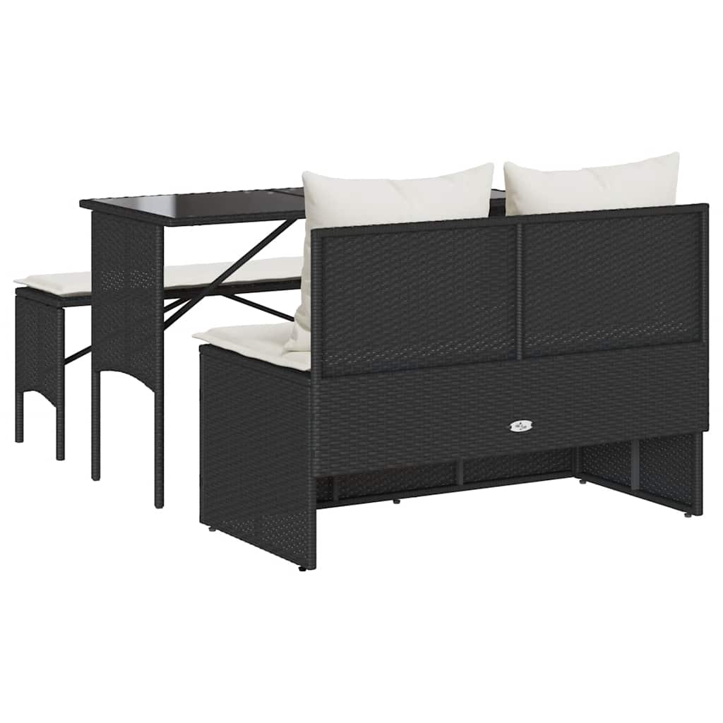 3-tlg. Garten-Essgruppe mit Kissen Schwarz Poly Rattan