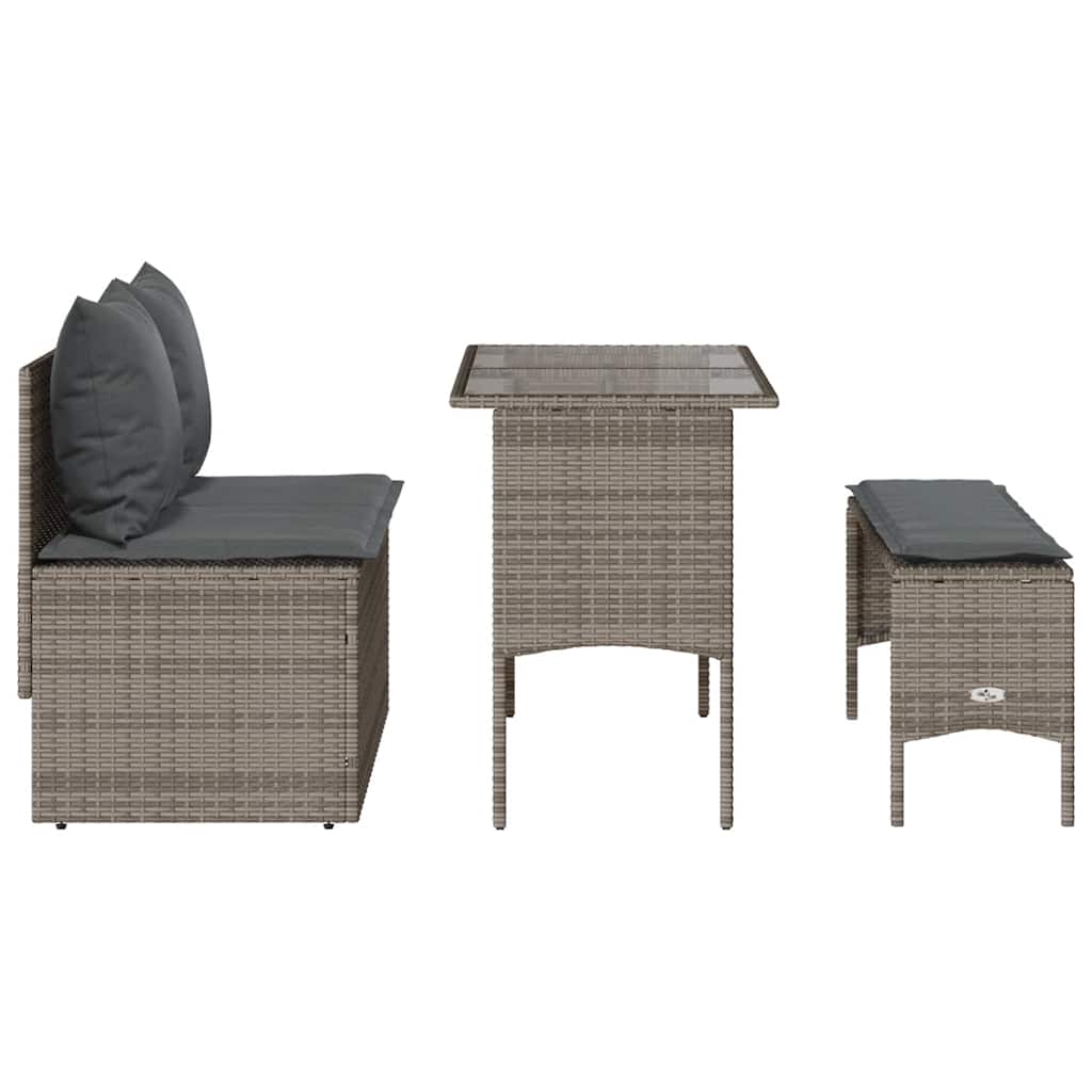 3-tlg. Garten-Essgruppe mit Kissen Grau Poly Rattan