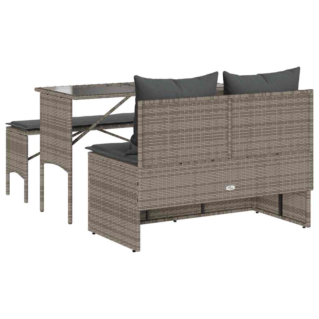 3-tlg. Garten-Essgruppe mit Kissen Grau Poly Rattan
