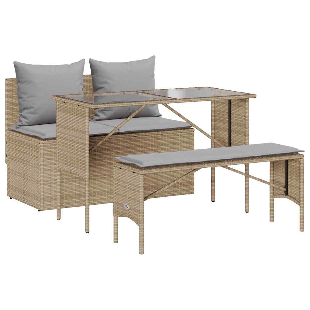 3-tlg. Garten-Essgruppe mit Kissen Beige Poly Rattan