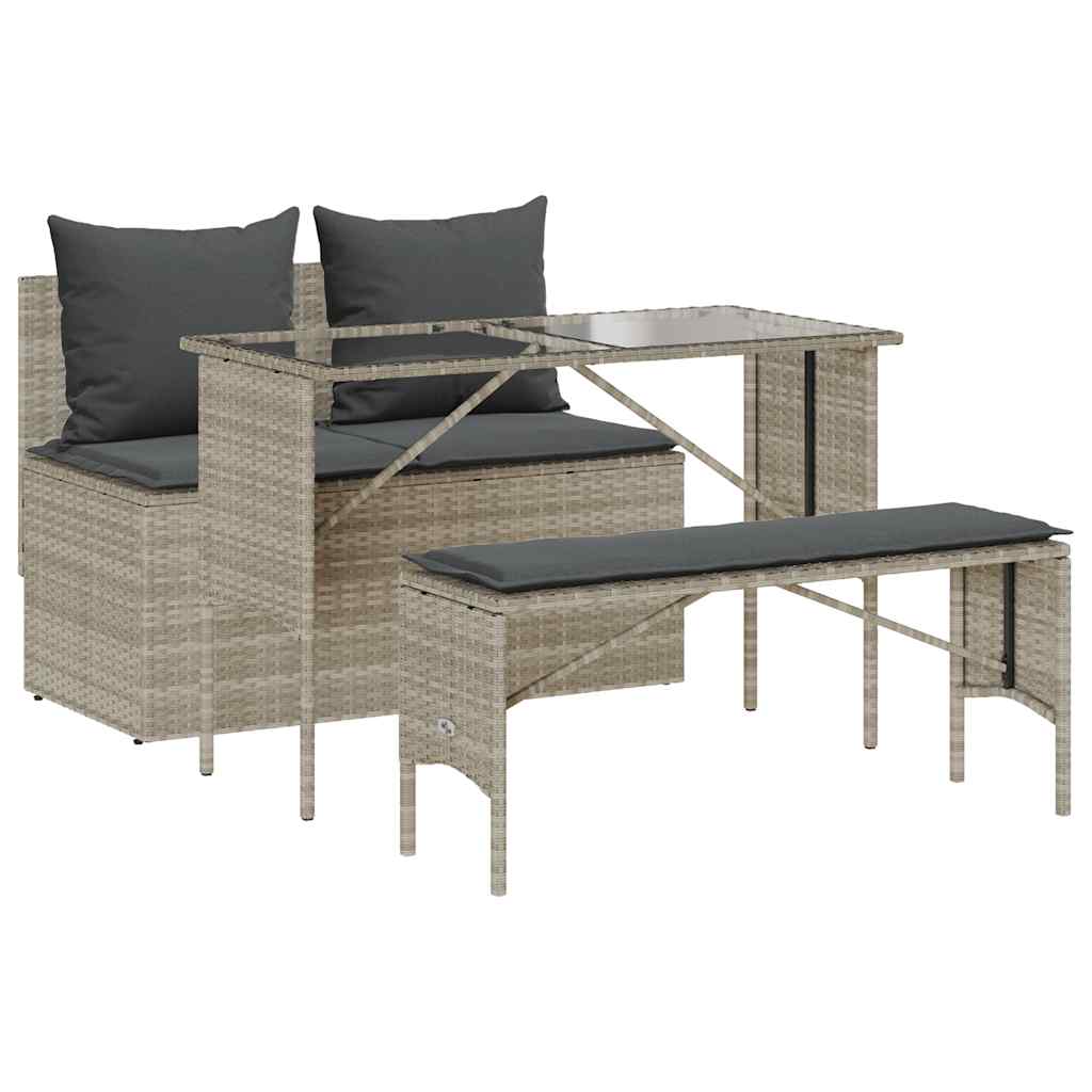 3-tlg. Garten-Essgruppe mit Kissen Hellgrau Poly Rattan