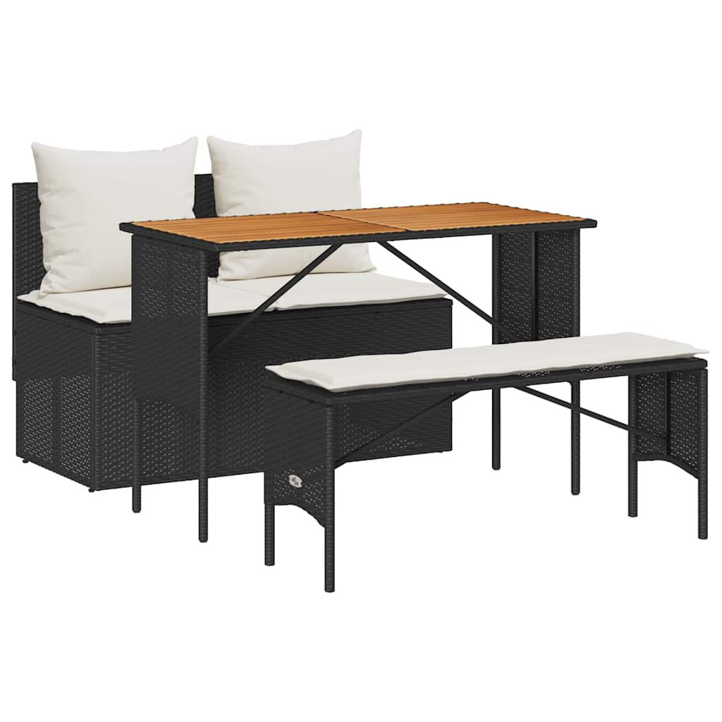 3-tlg. Garten-Essgruppe mit Kissen Schwarz Poly Rattan
