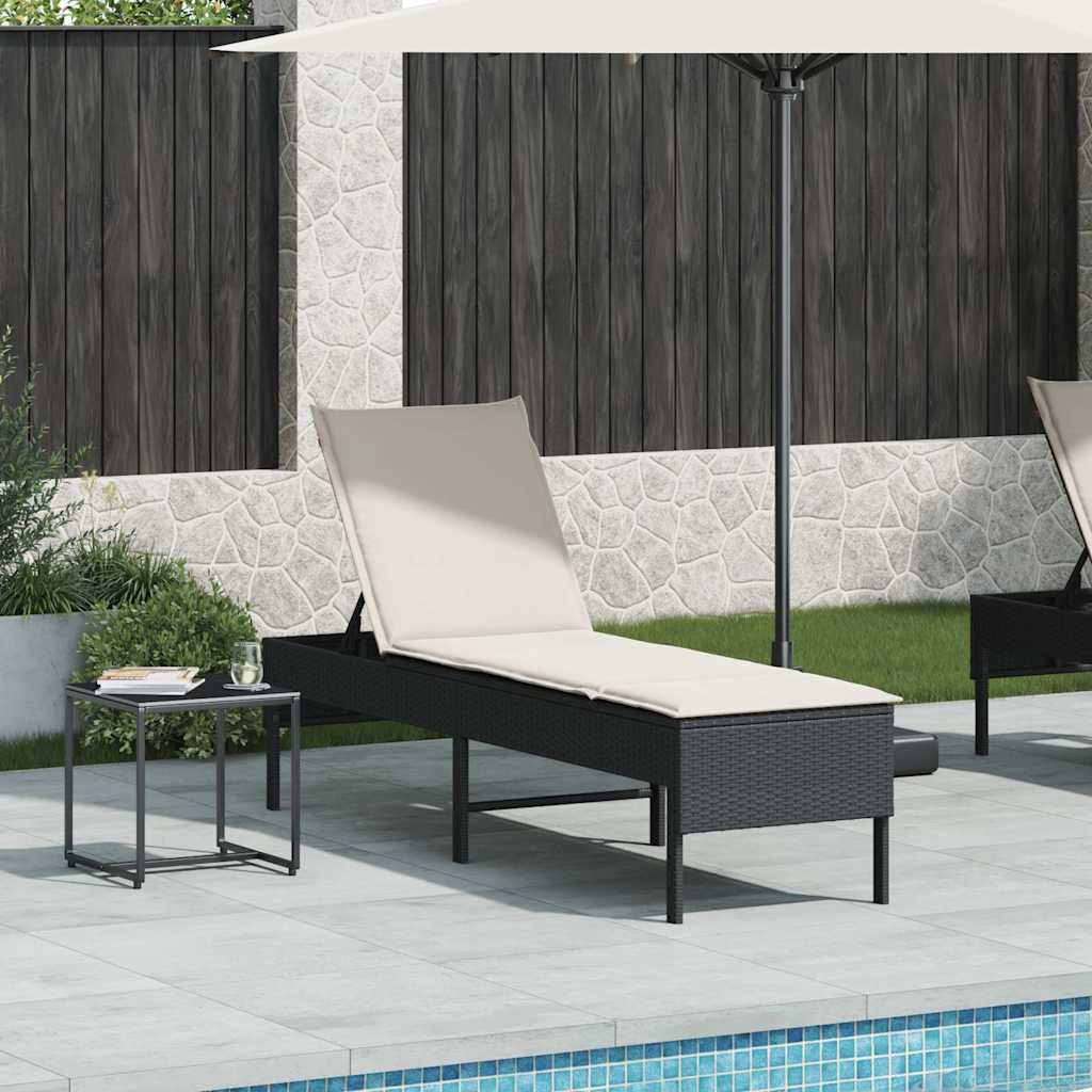 Chaise longue avec coussin noir 55x200x44 cm en résine tressée