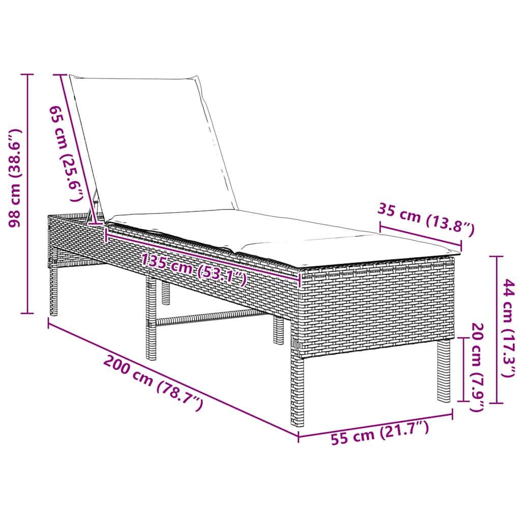 Chaise longue avec coussin gris 55x200x44 cm en résine tressée