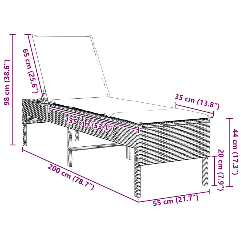Chaise longue avec coussin gris 55x200x44 cm en résine tressée