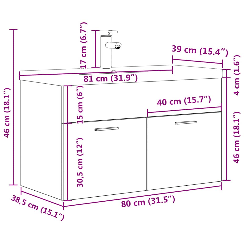 Waschbeckenunterschrank mit Einbaubecken Wasserhahn Betongrau