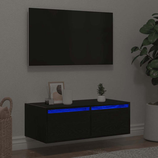 Meuble TV avec éclairage LED, aspect chêne noir, 75 x 35,5 x 25 cm