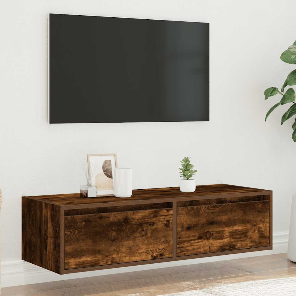 TV cabinet with LED lights smoked oak 100x35.5x25 cm