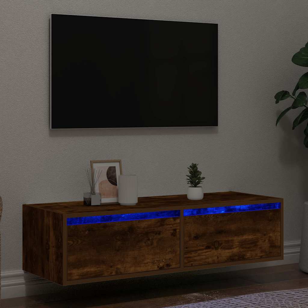 TV cabinet with LED lights smoked oak 100x35.5x25 cm
