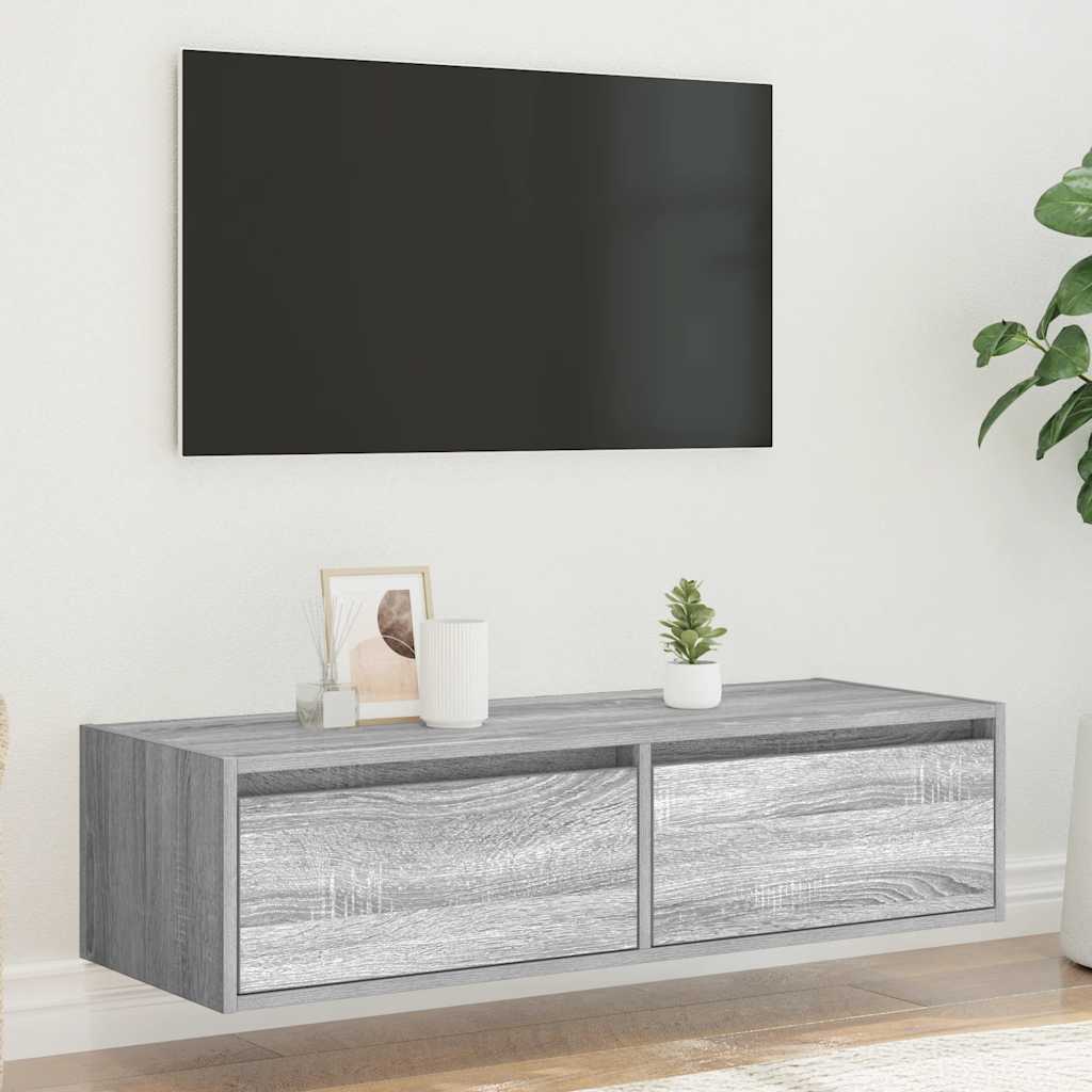 TV cabinet with LED lights, Sonoma grey, 100 x 35.5 x 25 cm
